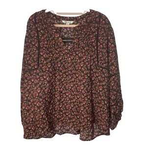 THE PIONEER WOMAN Floral Blouse Womens Sz 1X Long Sleeve Boho Print Brown Pink
